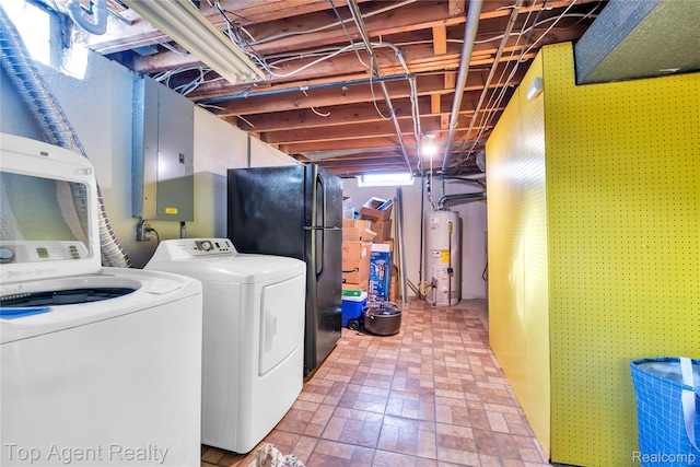 12876 Martin Rd, Warren, MI 48088 - laundry room with electric panel, washing machine and dryer, gas water heater, and brick patterned floors