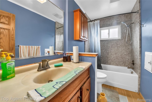 12876 Martin Rd, Warren, MI 48088 - full bathroom with shower / bath combo with shower curtain, vanity, and wood finished floors