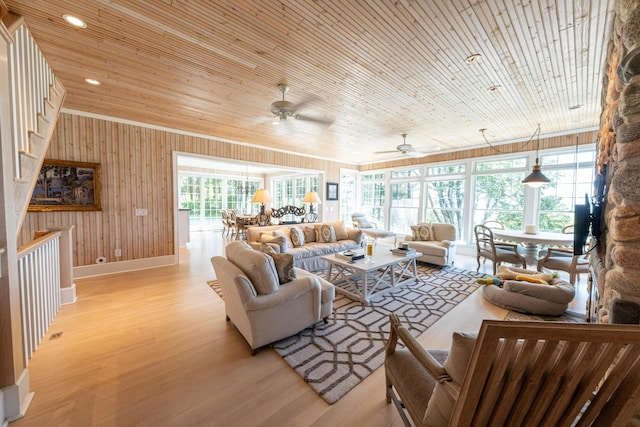 4569 N Ridge Rd, Mears, MI 49436 - living area with light wood-type flooring, wooden ceiling, a ceiling fan, wooden walls, and recessed lighting