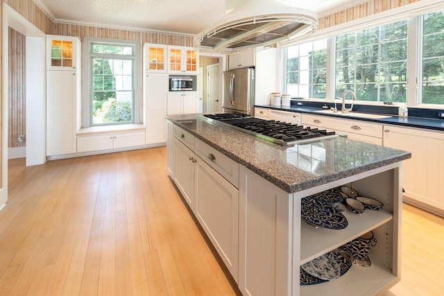 4569 N Ridge Rd, Mears, MI 49436 - kitchen with stainless steel appliances, a center island, custom range hood, and light wood-type flooring