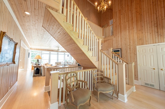 4569 N Ridge Rd, Mears, MI 49436 - stairway featuring a chandelier, wood finished floors, wood walls, and wooden ceiling