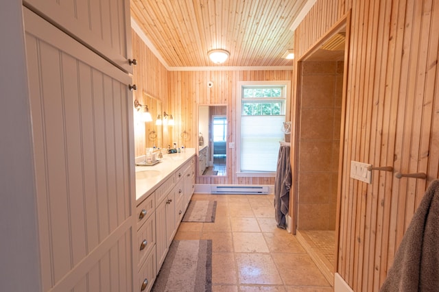 4569 N Ridge Rd, Mears, MI 49436 - bathroom with a baseboard heating unit, double vanity, wooden walls, and wooden ceiling