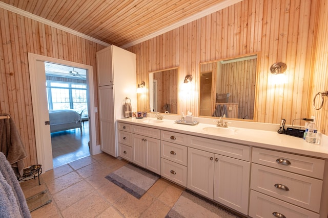 4569 N Ridge Rd, Mears, MI 49436 - ensuite bathroom with crown molding, wood walls, double vanity, and wooden ceiling