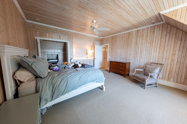 4569 N Ridge Rd, Mears, MI 49436 - bedroom with wooden ceiling, wood walls, carpet floors, and ceiling fan