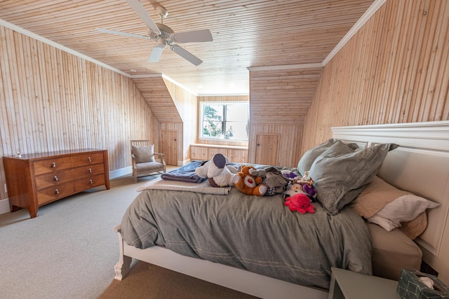 4569 N Ridge Rd, Mears, MI 49436 - bedroom with wood walls, wood ceiling, carpet flooring, and ceiling fan
