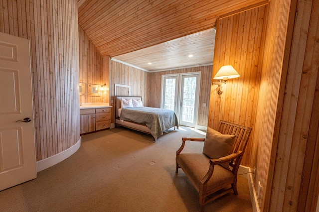 4569 N Ridge Rd, Mears, MI 49436 - bedroom with access to outside, wood walls, carpet floors, and wood ceiling