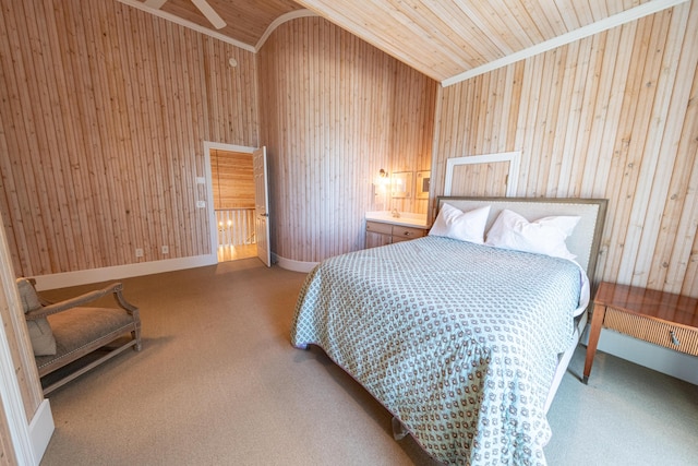 4569 N Ridge Rd, Mears, MI 49436 - carpeted bedroom with vaulted ceiling, wooden ceiling, and wooden walls