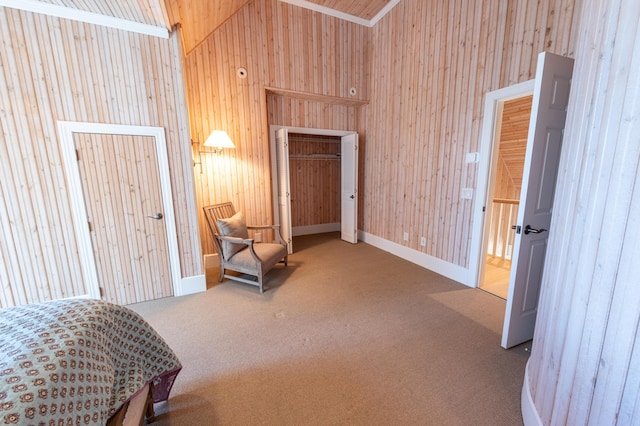 4569 N Ridge Rd, Mears, MI 49436 - bedroom with wood walls, carpet, and lofted ceiling