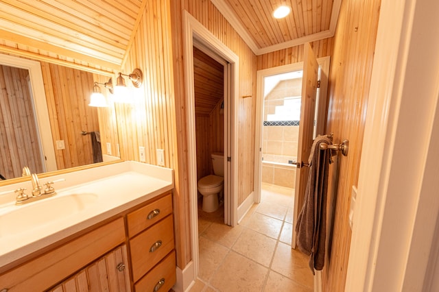 4569 N Ridge Rd, Mears, MI 49436 - full bath with vanity, wooden walls, a tub, tile patterned floors, and crown molding