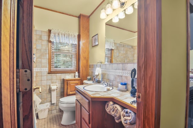 3914 135th Ave, Hersey, MI 49639 - bathroom with tile walls, vanity, ornamental molding, a shower with curtain, and tile patterned flooring