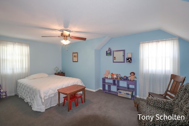 8179 Mellowwood Dr, Jenison, MI 49428 - bedroom featuring dark carpet, a ceiling fan, and vaulted ceiling
