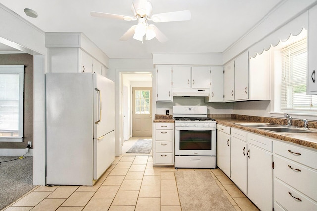240 Stillwell Ave, Michigan Center, MI 49254 - kitchen with white appliances, under cabinet range hood, white cabinets, a ceiling fan, and crown molding