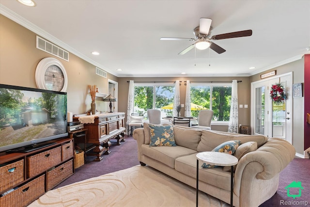 2340 Lakeview Dr, Brooklyn, MI 49230 - carpeted living area with crown molding, a ceiling fan, and recessed lighting