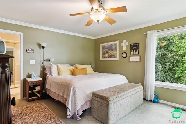 2340 Lakeview Dr, Brooklyn, MI 49230 - bedroom with carpet floors, crown molding, and a ceiling fan