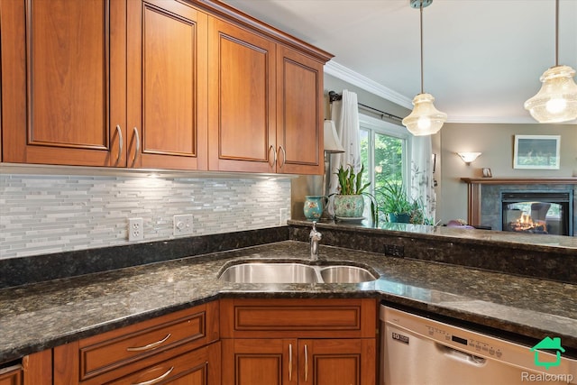 2340 Lakeview Dr, Brooklyn, MI 49230 - kitchen with dishwasher, brown cabinets, ornamental molding, a multi sided fireplace, and hanging light fixtures