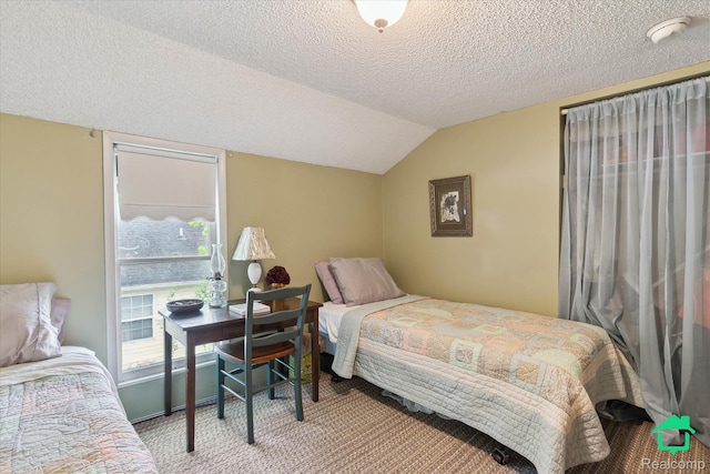 2340 Lakeview Dr, Brooklyn, MI 49230 - bedroom with a textured ceiling, carpet floors, and vaulted ceiling