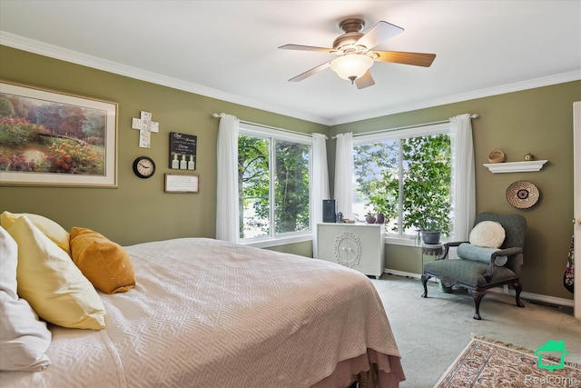 2340 Lakeview Dr, Brooklyn, MI 49230 - carpeted bedroom with multiple windows, ornamental molding, and a ceiling fan
