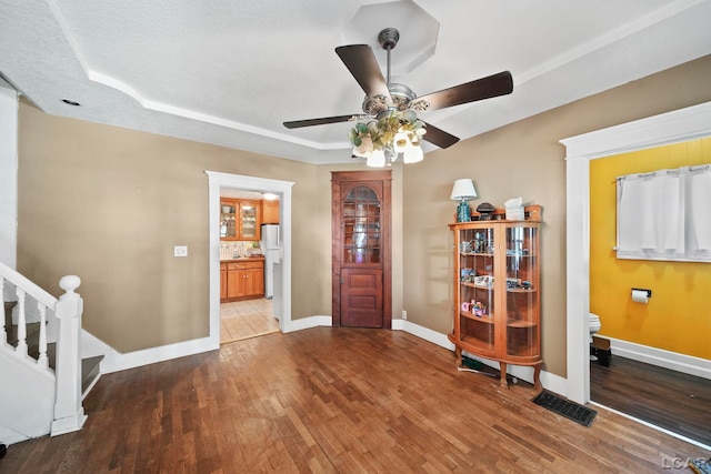 216 Budlong St, Adrian, MI 49221 - entryway with ceiling fan, wood finished floors, stairway, and a tray ceiling