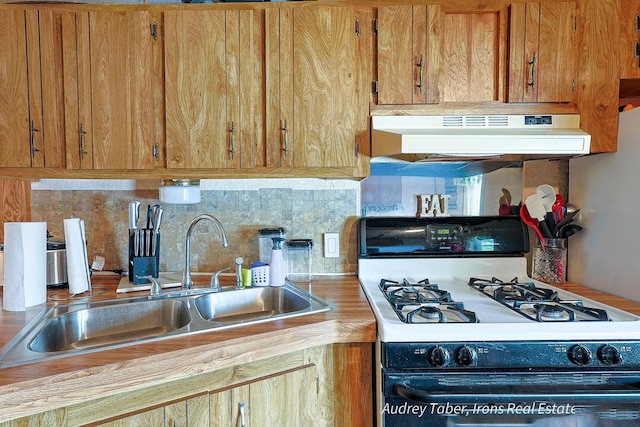 5190 N Bass Lake Rd, Irons, MI 49644 - kitchen featuring gas range gas stove, under cabinet range hood, tasteful backsplash, brown cabinetry, and light countertops