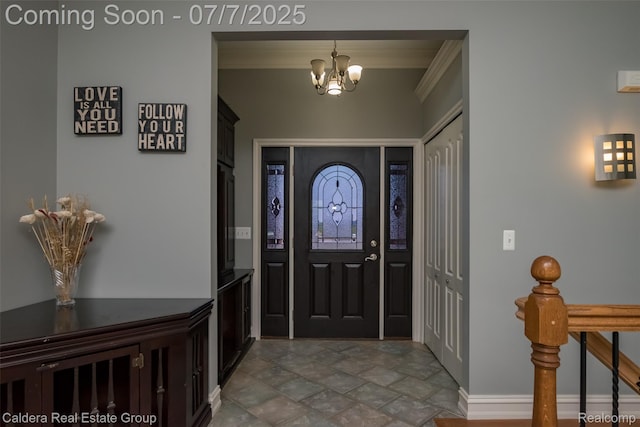 15946 Tubspring Rd, Allenton, MI 48002 - entryway with a chandelier, stone finish flooring, and crown molding