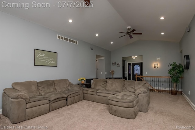 15946 Tubspring Rd, Allenton, MI 48002 - living area with carpet flooring, ceiling fan, recessed lighting, and high vaulted ceiling