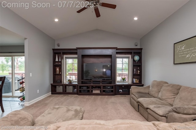 15946 Tubspring Rd, Allenton, MI 48002 - carpeted living area featuring a ceiling fan, plenty of natural light, vaulted ceiling, and recessed lighting