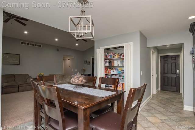15946 Tubspring Rd, Allenton, MI 48002 - dining space featuring recessed lighting, ceiling fan, light stone finish flooring, and a chandelier