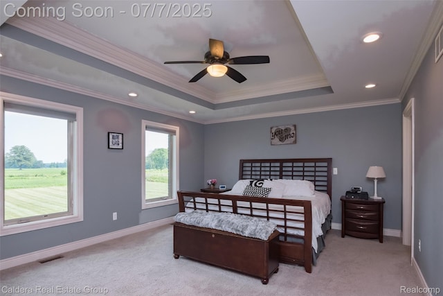 15946 Tubspring Rd, Allenton, MI 48002 - bedroom featuring carpet flooring, crown molding, recessed lighting, a tray ceiling, and a ceiling fan