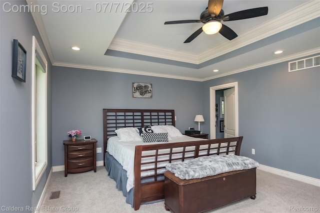 15946 Tubspring Rd, Allenton, MI 48002 - carpeted bedroom featuring ornamental molding, a tray ceiling, recessed lighting, and a ceiling fan
