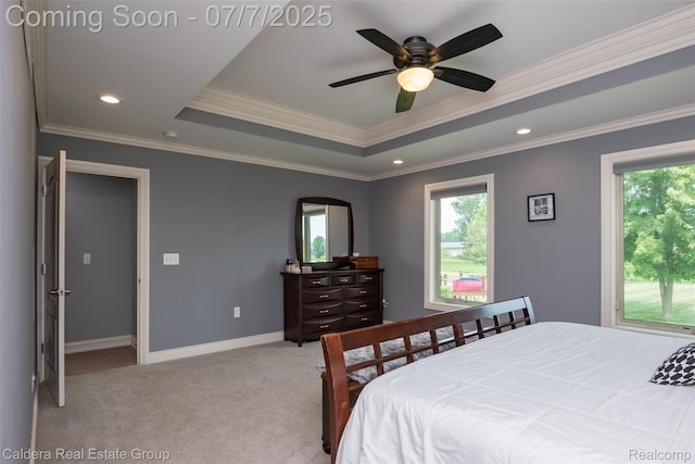 15946 Tubspring Rd, Allenton, MI 48002 - bedroom with multiple windows, light colored carpet, a raised ceiling, crown molding, and recessed lighting