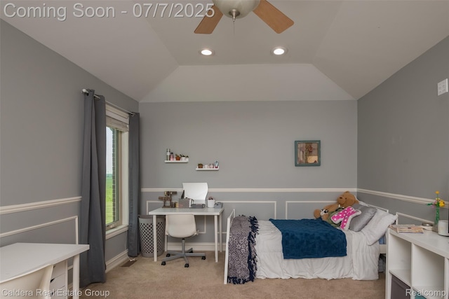 15946 Tubspring Rd, Allenton, MI 48002 - bedroom featuring carpet floors, vaulted ceiling, an office area, recessed lighting, and ceiling fan