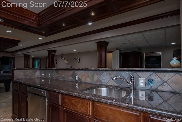 15946 Tubspring Rd, Allenton, MI 48002 - kitchen featuring ornate columns, dark stone countertops, tasteful backsplash, recessed lighting, and stainless steel dishwasher