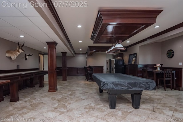 15946 Tubspring Rd, Allenton, MI 48002 - rec room with ornate columns, billiards table, recessed lighting, and a raised ceiling