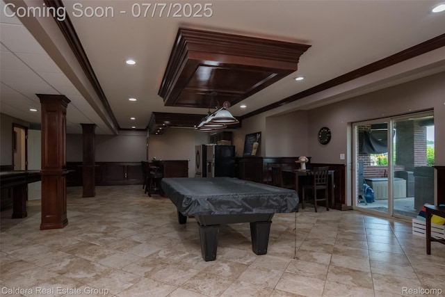 15946 Tubspring Rd, Allenton, MI 48002 - game room with decorative columns, a raised ceiling, billiards table, crown molding, and recessed lighting