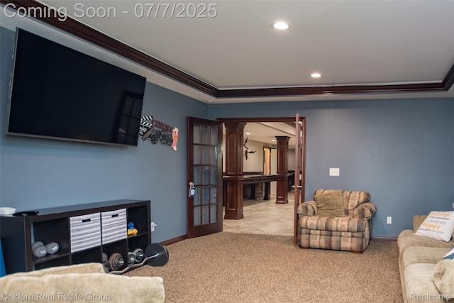 15946 Tubspring Rd, Allenton, MI 48002 - living area featuring decorative columns, recessed lighting, carpet floors, and ornamental molding