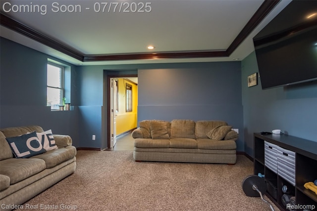 15946 Tubspring Rd, Allenton, MI 48002 - living area with a tray ceiling, carpet flooring, and ornamental molding