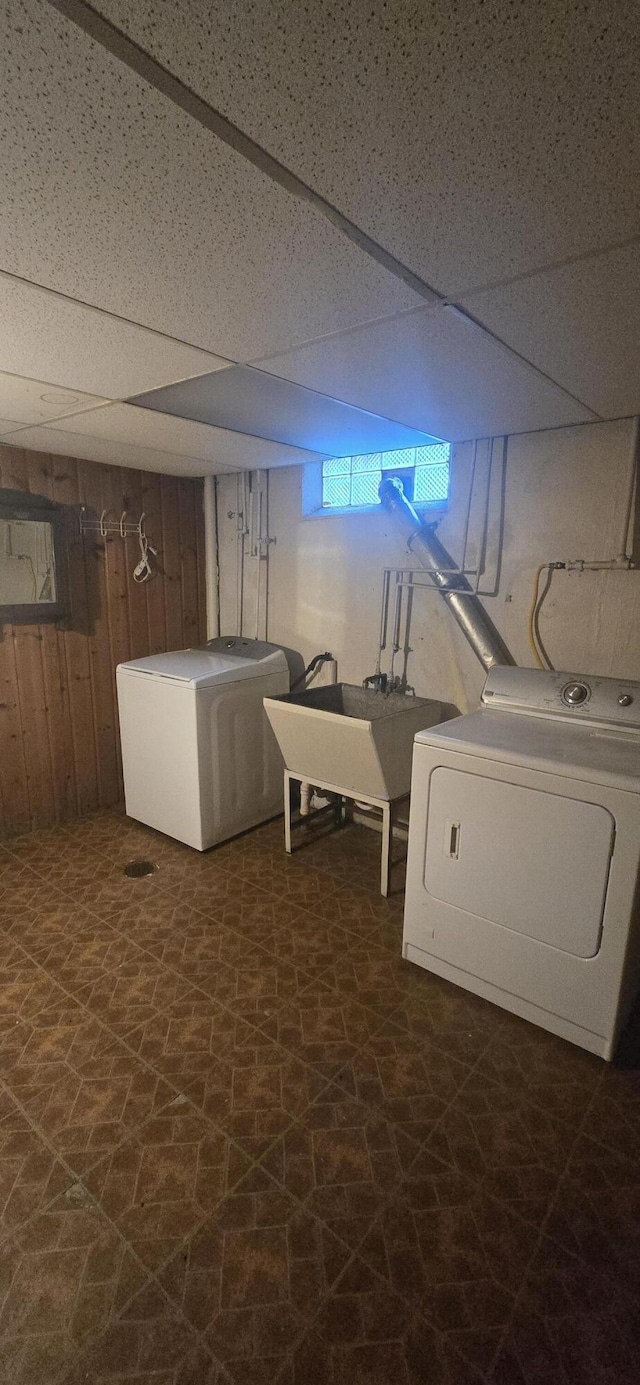 19969 Poinciana, Redford, MI 48240 - finished basement with wooden walls, washer and clothes dryer, and a drop ceiling