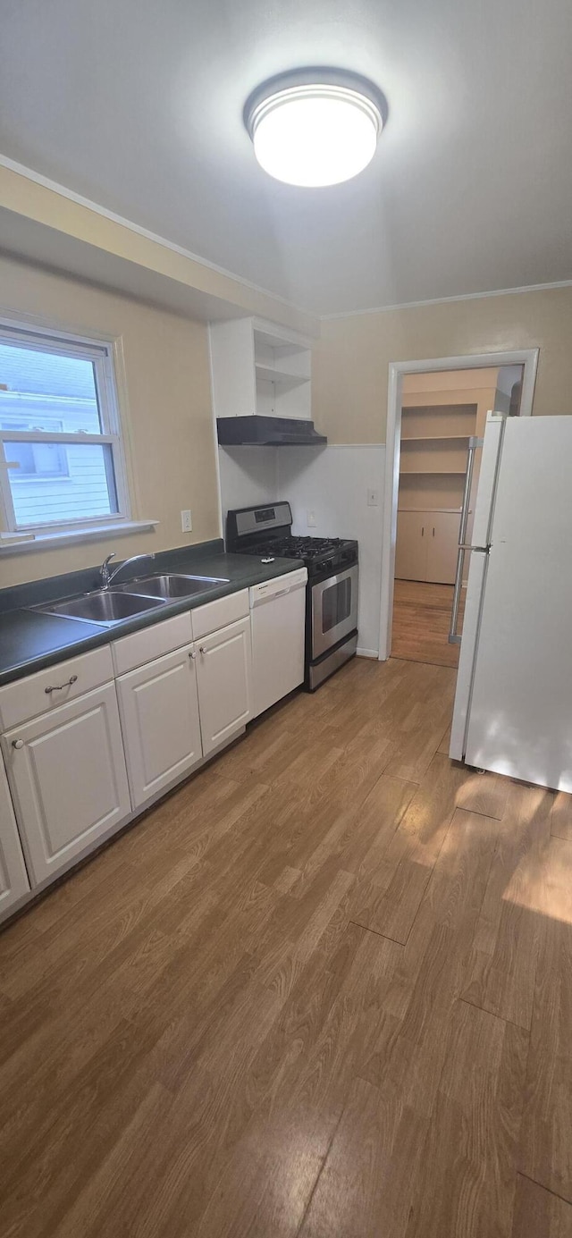 19969 Poinciana, Redford, MI 48240 - kitchen with white appliances, wood finished floors, white cabinetry, dark countertops, and open shelves