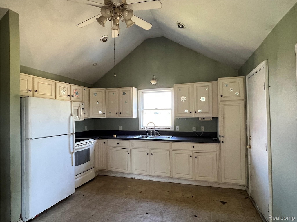 13201 N Suder Rd, La Salle, MI 48145 - kitchen with white appliances, dark countertops, ceiling fan, high vaulted ceiling, and white cabinetry