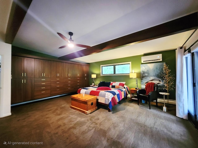 241 Dale St, Grayling, MI 49738 - bedroom with an AC wall unit, beamed ceiling, a ceiling fan, dark colored carpet, and baseboard heating