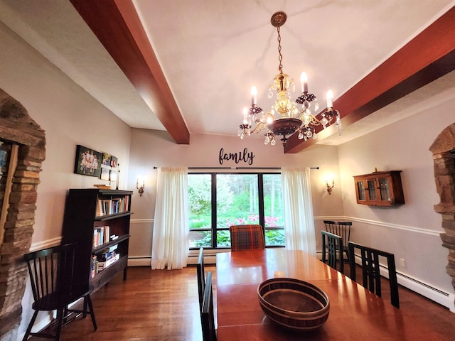 241 Dale St, Grayling, MI 49738 - dining room featuring beamed ceiling, a chandelier, a baseboard heating unit, and wood finished floors