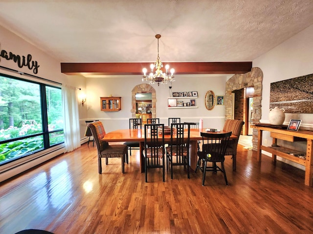 241 Dale St, Grayling, MI 49738 - dining room with wood finished floors, a chandelier, beam ceiling, and a baseboard heating unit