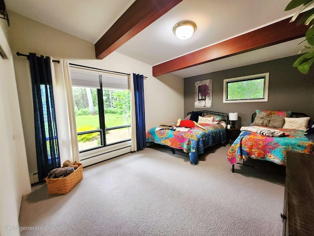 241 Dale St, Grayling, MI 49738 - bedroom featuring beamed ceiling, carpet floors, a baseboard heating unit, and a baseboard radiator