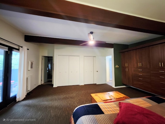 241 Dale St, Grayling, MI 49738 - bedroom featuring multiple closets, dark colored carpet, beamed ceiling, ceiling fan, and access to outside