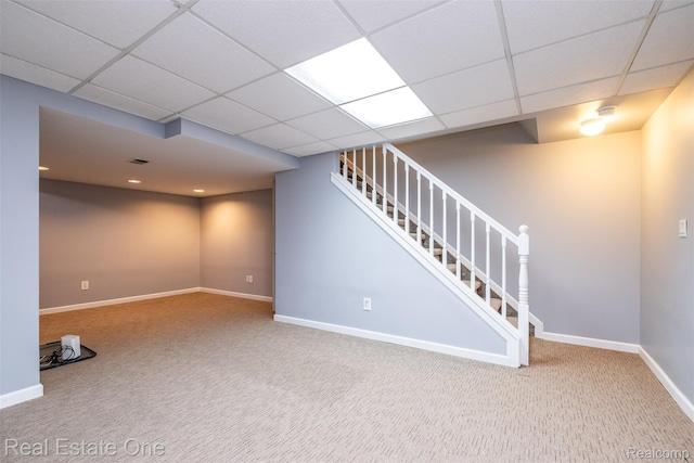 4079 Cumberland Ct, Commerce Twp, MI 48390 - finished below grade area featuring carpet floors, a drop ceiling, and stairs