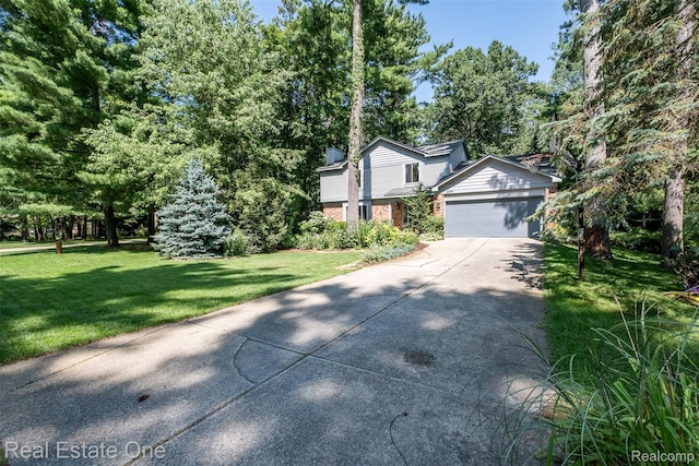 4079 Cumberland Ct, Commerce Twp, MI 48390 - view of front of property featuring concrete driveway, an attached garage, brick siding, and a front lawn