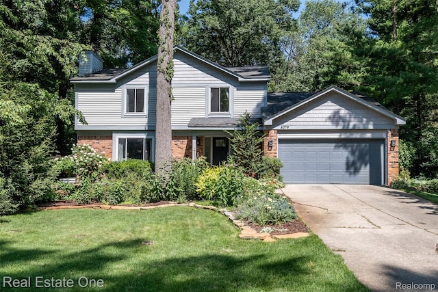 4079 Cumberland Ct, Commerce Twp, MI 48390 - view of front of house featuring brick siding, concrete driveway, a garage, a front lawn, and a chimney