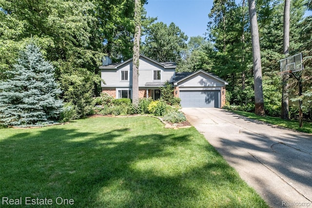 4079 Cumberland Ct, Commerce Twp, MI 48390 - view of front facade featuring brick siding, driveway, a garage, a front lawn, and view of scattered trees