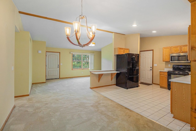 5511 Wakefield Rd, Grand Blanc, MI 48439 - kitchen with black appliances, a chandelier, light countertops, a kitchen breakfast bar, and a peninsula