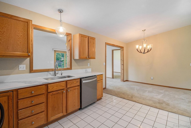 5511 Wakefield Rd, Grand Blanc, MI 48439 - kitchen featuring dishwasher, light colored carpet, a chandelier, light countertops, and decorative light fixtures